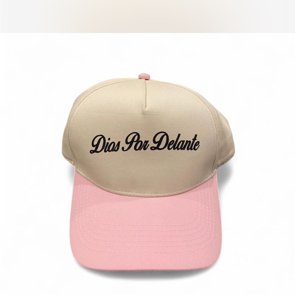 Pink and Tan Cap with Script “Dios Por Delante” “God First”